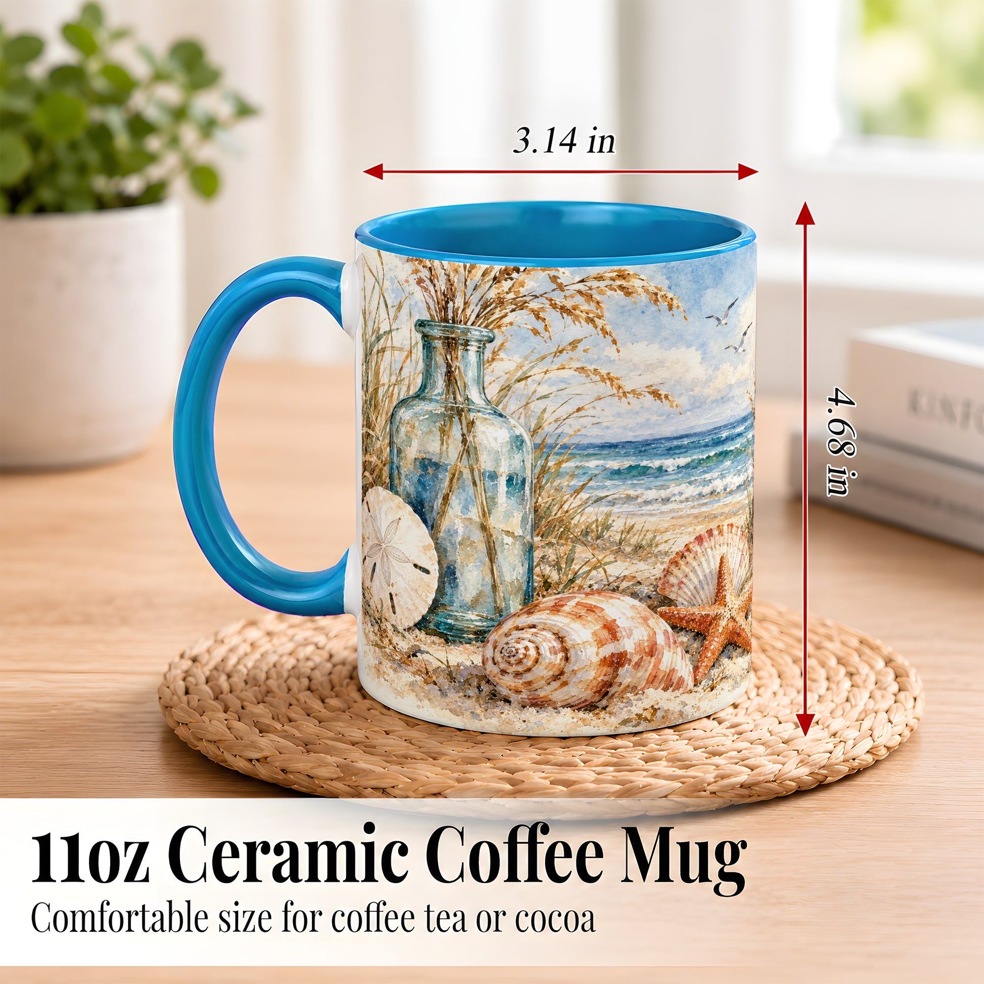#pl[11oz|Blue] Watercolor Seashell Coffee Mug, Coastal Beach Mug, Ceramic Cup
