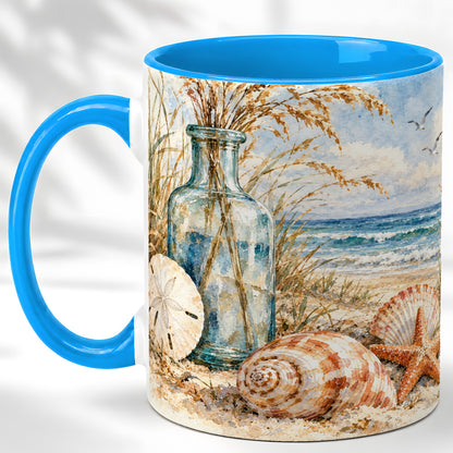 #pl[11oz|Blue] Watercolor Seashell Coffee Mug, Coastal Beach Mug, Ceramic Cup