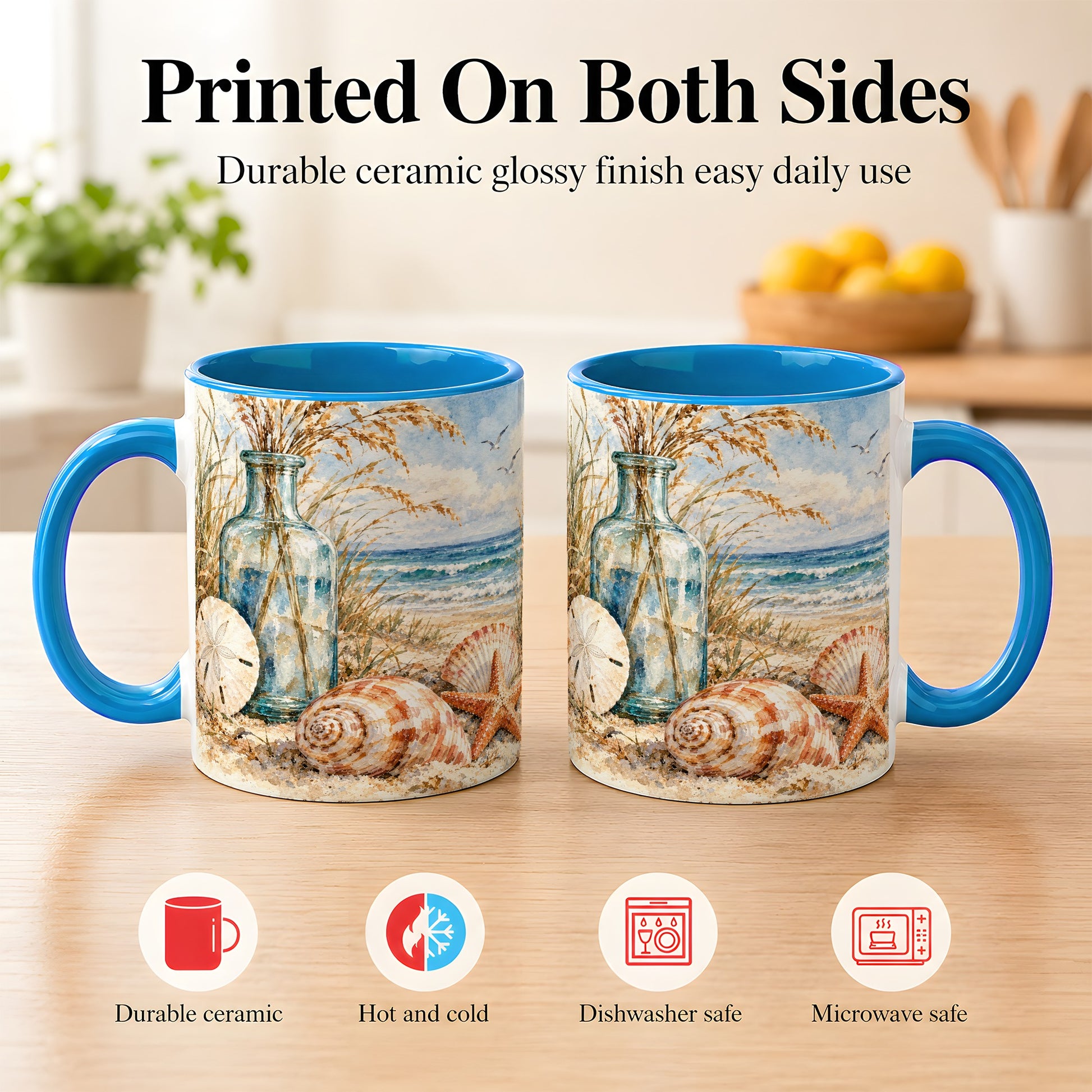 #pl[11oz|Blue] Watercolor Seashell Coffee Mug, Coastal Beach Mug, Ceramic Cup