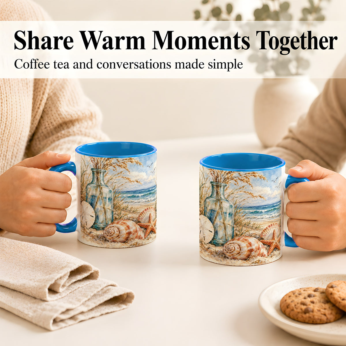 #pl[11oz|Blue] Watercolor Seashell Coffee Mug, Coastal Beach Mug, Ceramic Cup