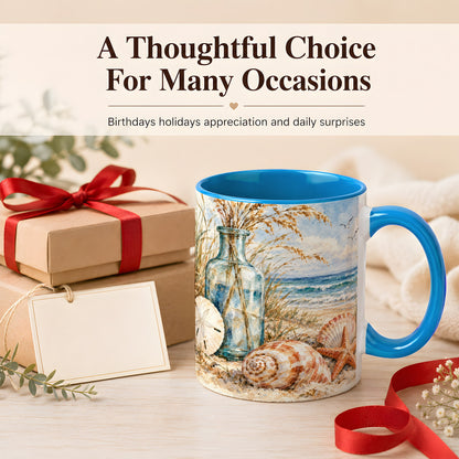 #pl[11oz|Blue] Watercolor Seashell Coffee Mug, Coastal Beach Mug, Ceramic Cup