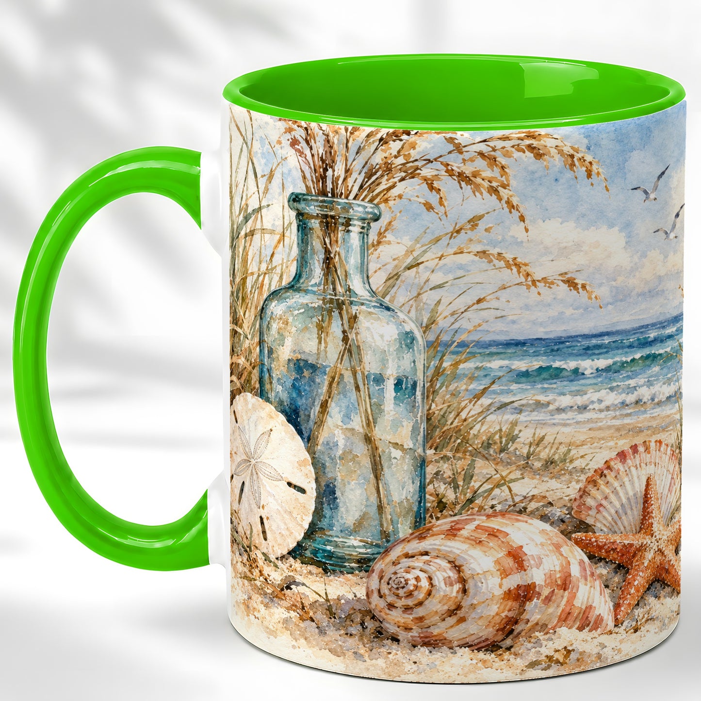 #pl[11oz|Green] Watercolor Seashell Coffee Mug, Coastal Beach Mug, Ceramic Cup