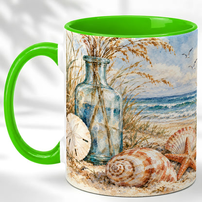 #pl[11oz|Green] Watercolor Seashell Coffee Mug, Coastal Beach Mug, Ceramic Cup