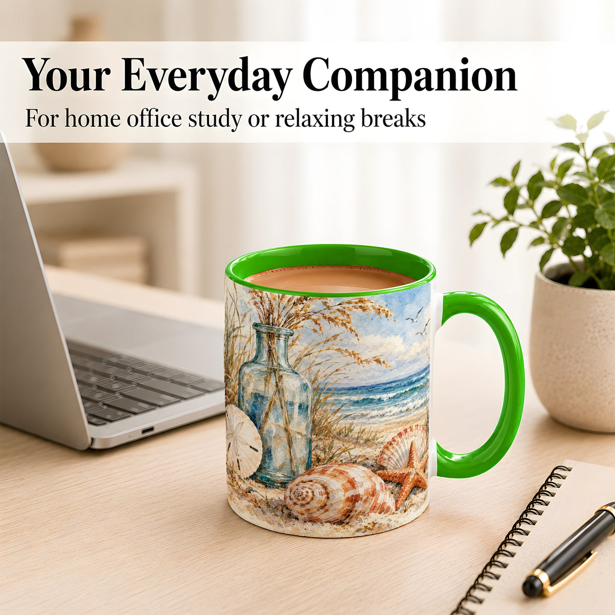 #pl[11oz|Green] Watercolor Seashell Coffee Mug, Coastal Beach Mug, Ceramic Cup