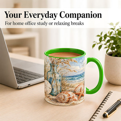#pl[11oz|Green] Watercolor Seashell Coffee Mug, Coastal Beach Mug, Ceramic Cup