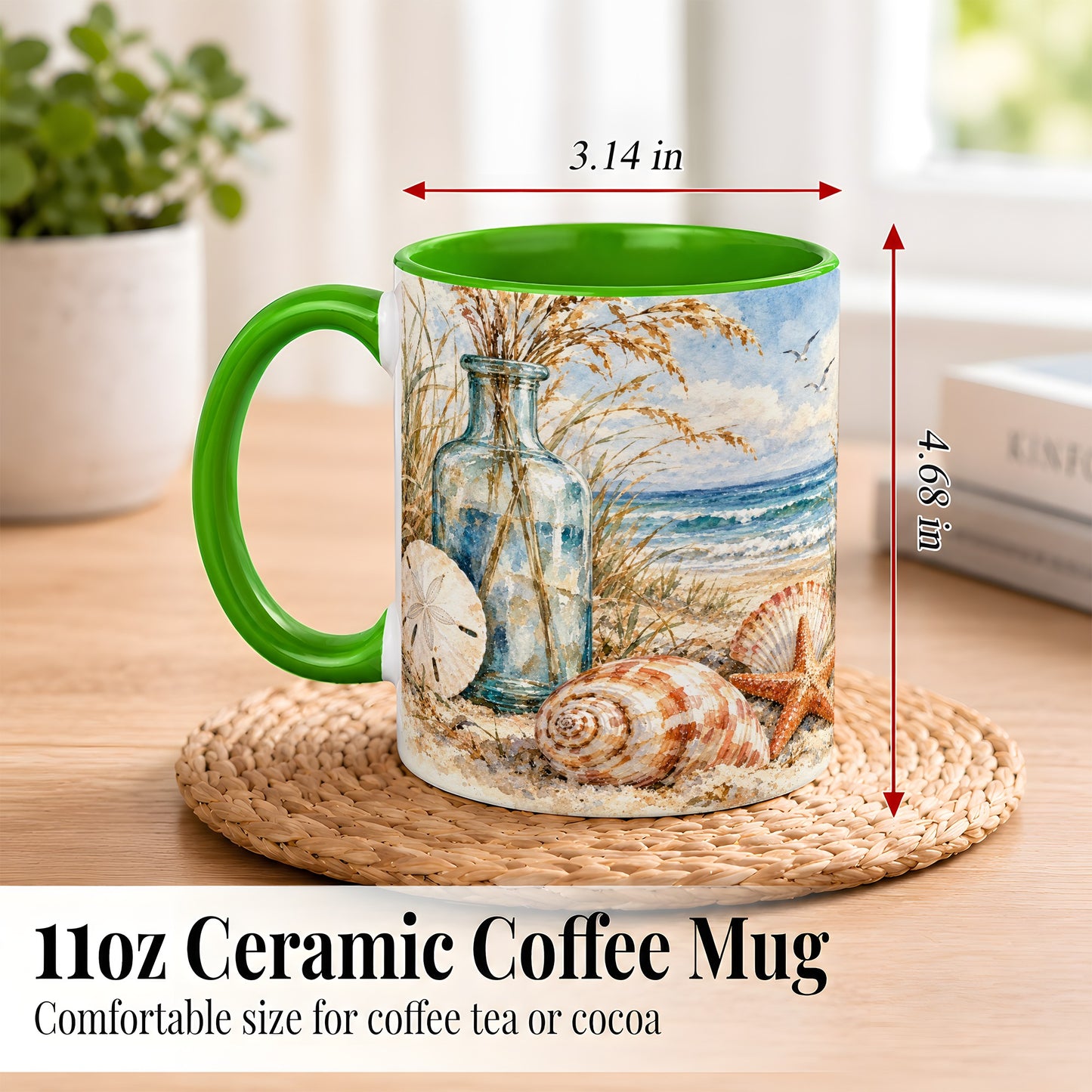 #pl[11oz|Green] Watercolor Seashell Coffee Mug, Coastal Beach Mug, Ceramic Cup