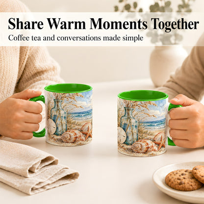 #pl[11oz|Green] Watercolor Seashell Coffee Mug, Coastal Beach Mug, Ceramic Cup