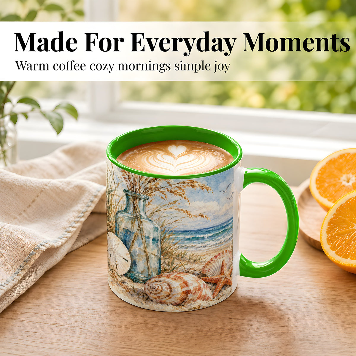 #pl[11oz|Green] Watercolor Seashell Coffee Mug, Coastal Beach Mug, Ceramic Cup