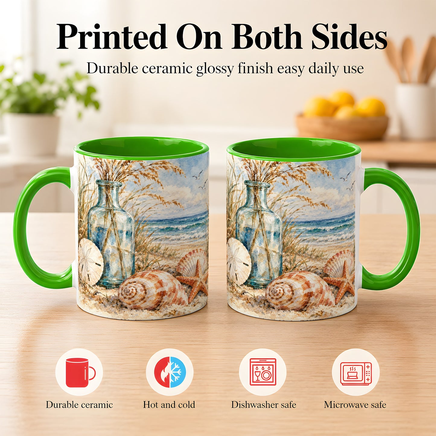 #pl[11oz|Green] Watercolor Seashell Coffee Mug, Coastal Beach Mug, Ceramic Cup