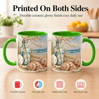 #pl[11oz|Green] Watercolor Seashell Coffee Mug, Coastal Beach Mug, Ceramic Cup