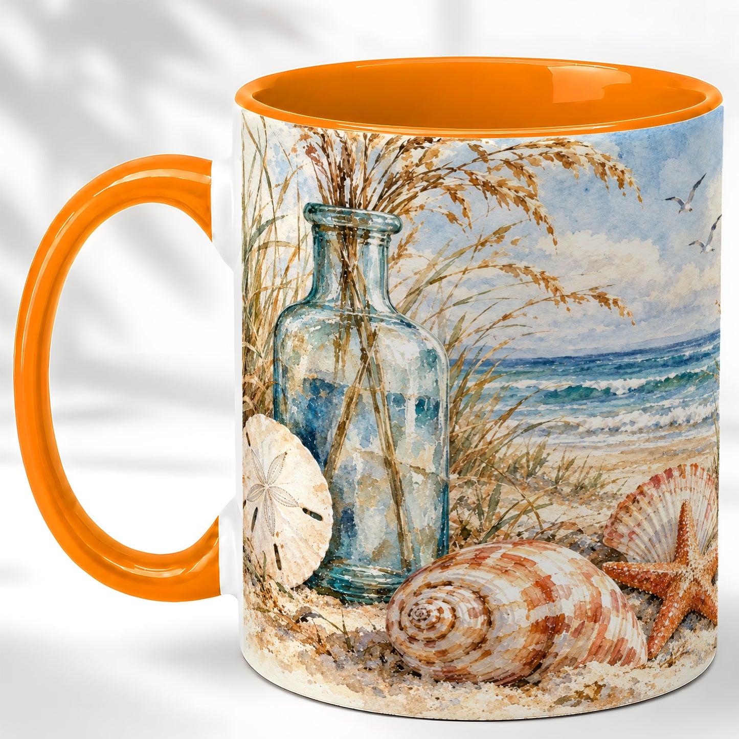 #pl[11oz|Orange] Watercolor Seashell Coffee Mug, Coastal Beach Mug, Ceramic Cup