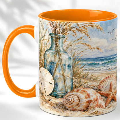 #pl[11oz|Orange] Watercolor Seashell Coffee Mug, Coastal Beach Mug, Ceramic Cup