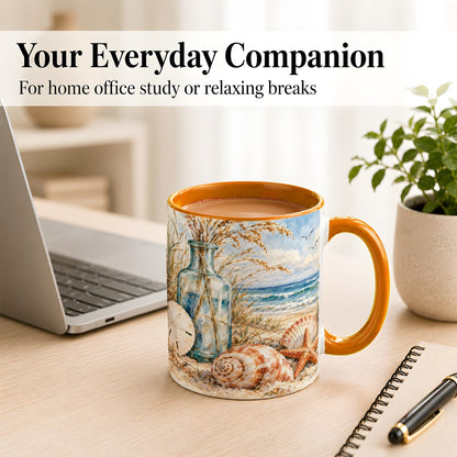 #pl[11oz|Orange] Watercolor Seashell Coffee Mug, Coastal Beach Mug, Ceramic Cup