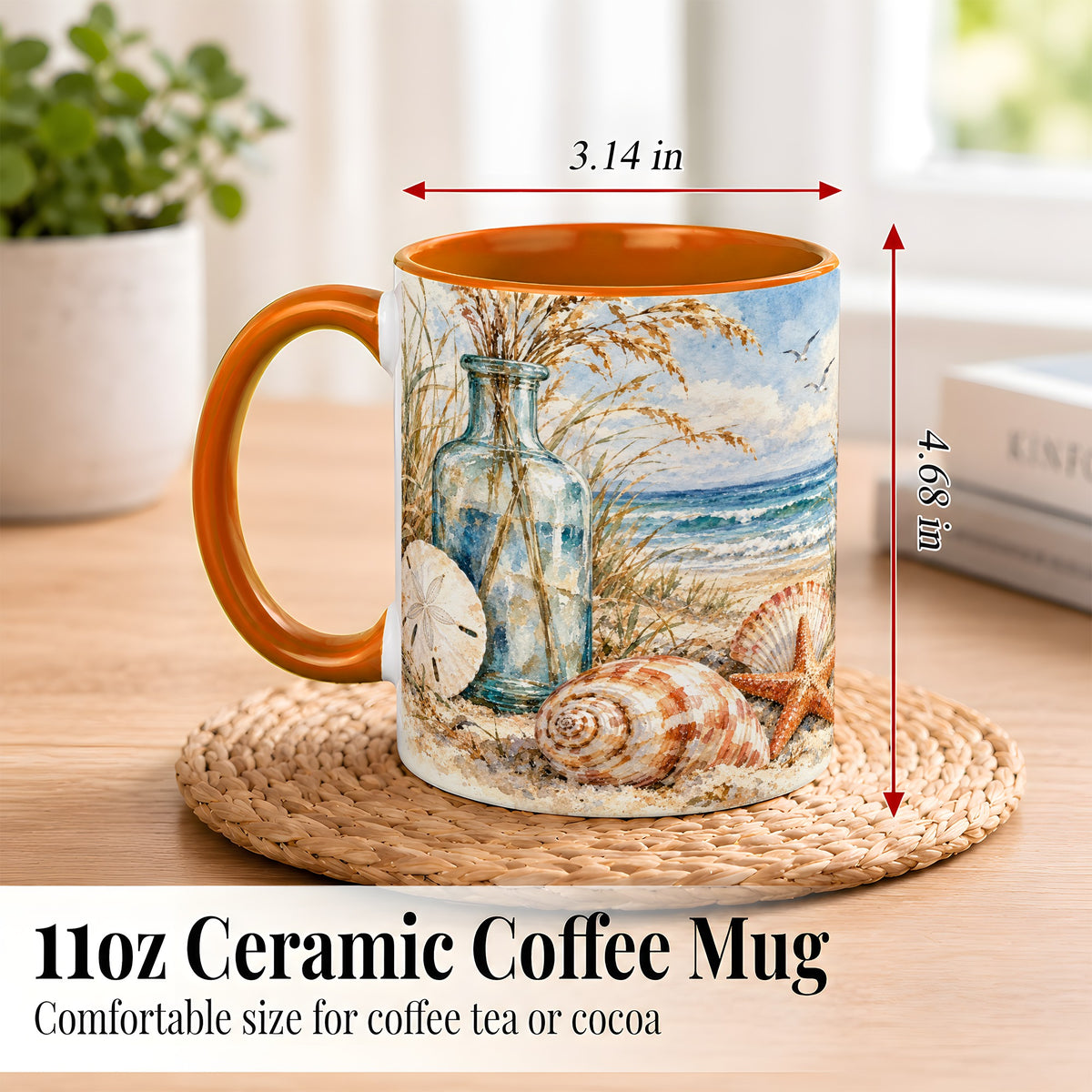 #pl[11oz|Orange] Watercolor Seashell Coffee Mug, Coastal Beach Mug, Ceramic Cup