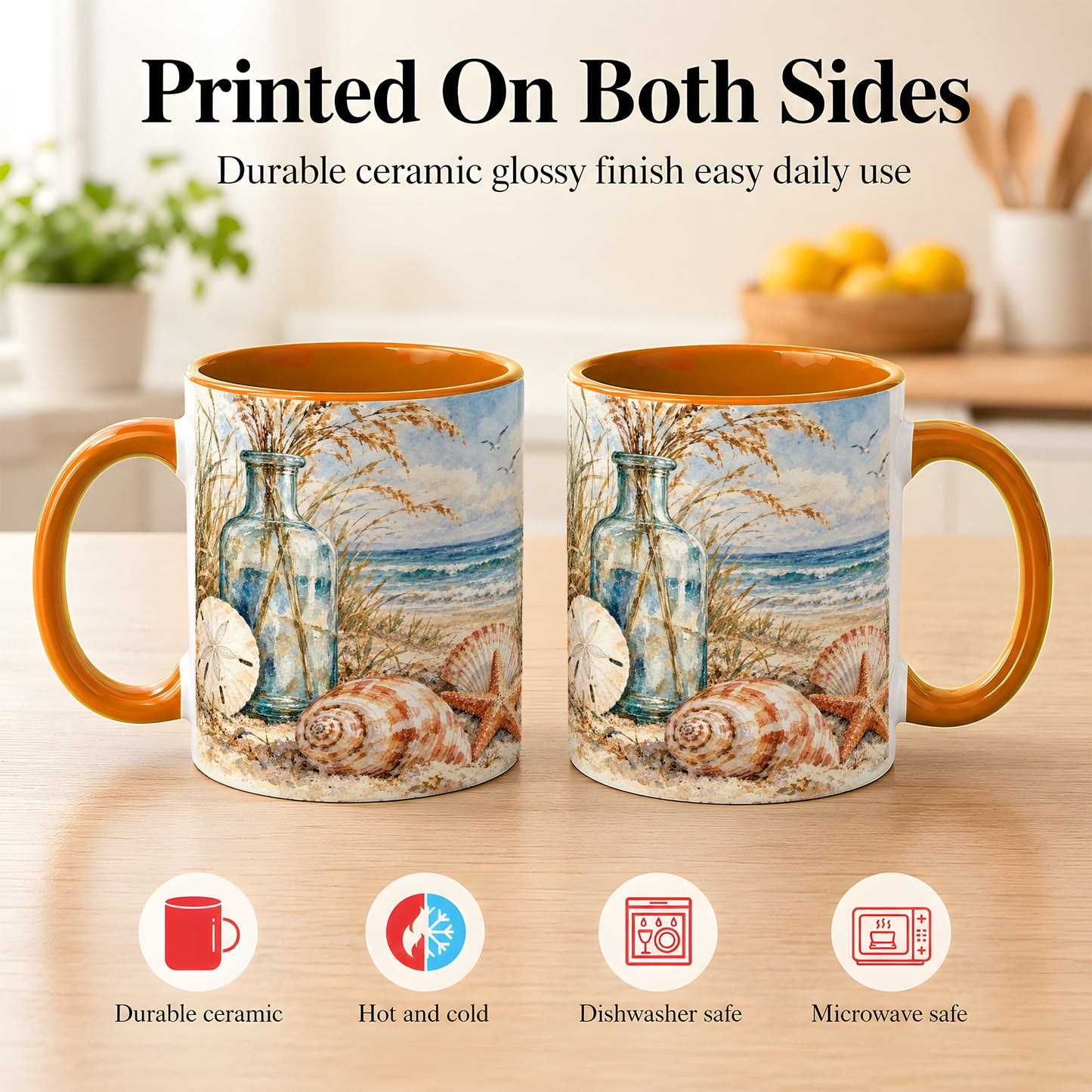 #pl[11oz|Orange] Watercolor Seashell Coffee Mug, Coastal Beach Mug, Ceramic Cup