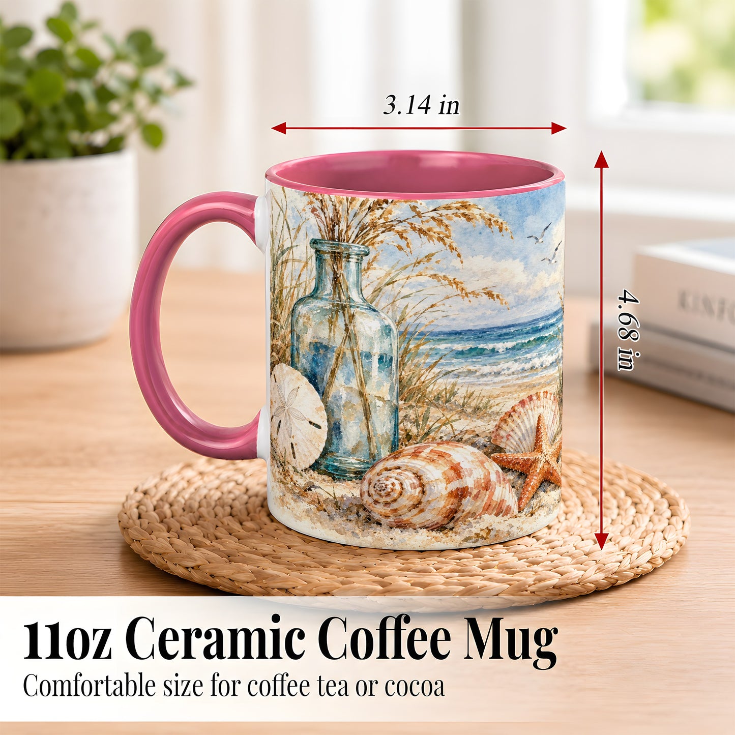 #pl[11oz|Pink] Watercolor Seashell Coffee Mug, Coastal Beach Mug, Ceramic Cup