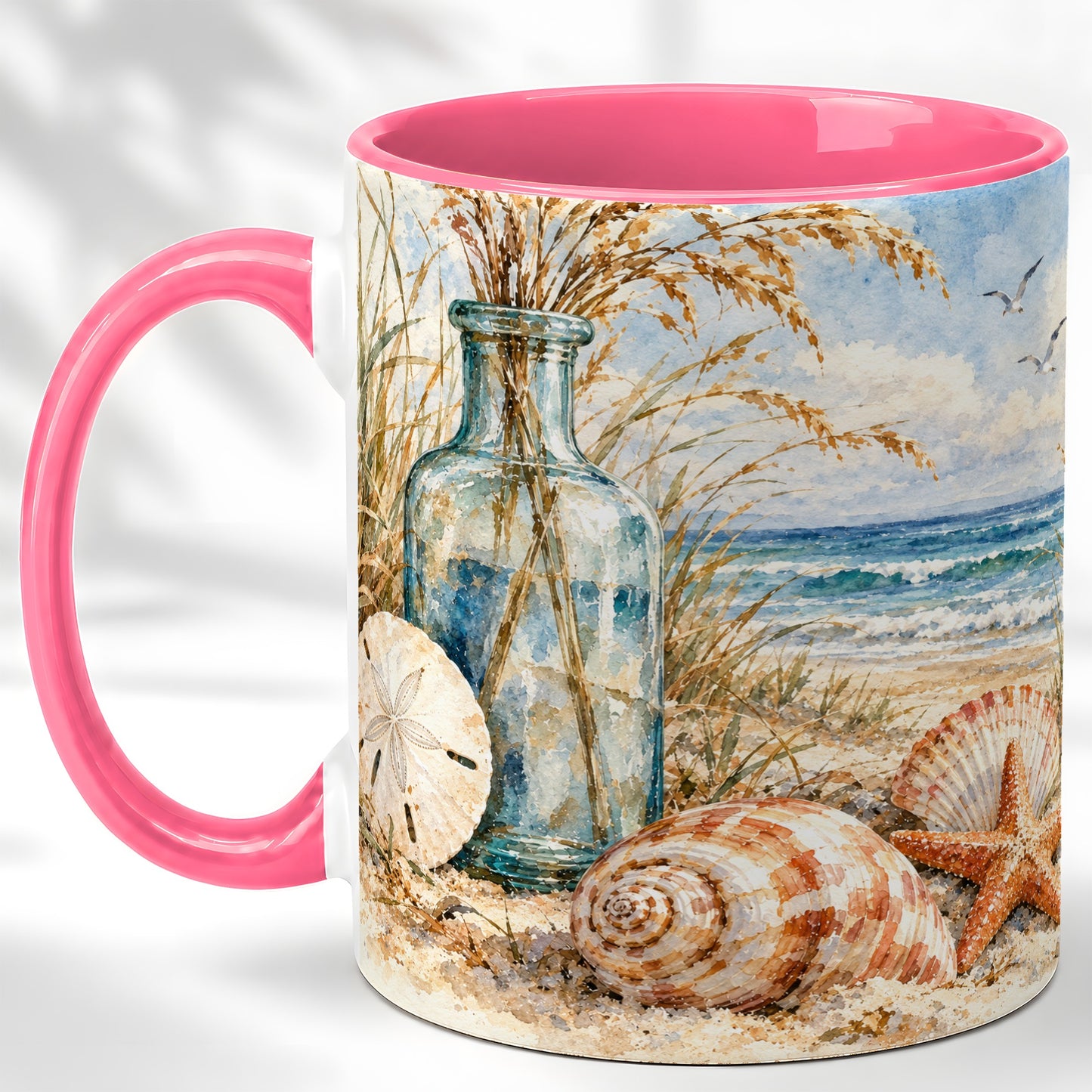 #pl[11oz|Pink] Watercolor Seashell Coffee Mug, Coastal Beach Mug, Ceramic Cup