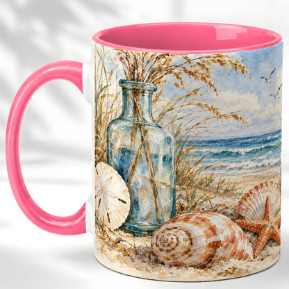 #pl[11oz|Pink] Watercolor Seashell Coffee Mug, Coastal Beach Mug, Ceramic Cup