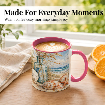 #pl[11oz|Pink] Watercolor Seashell Coffee Mug, Coastal Beach Mug, Ceramic Cup