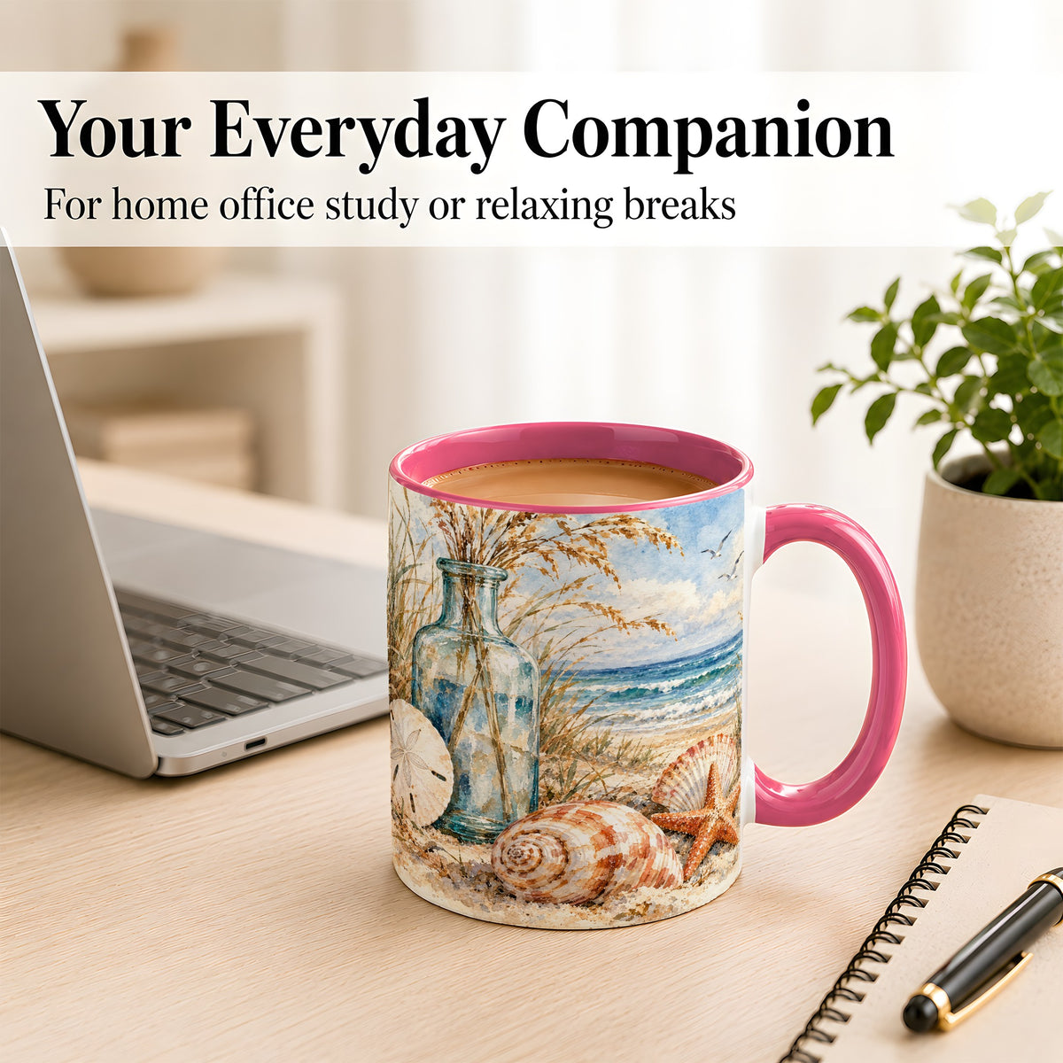 #pl[11oz|Pink] Watercolor Seashell Coffee Mug, Coastal Beach Mug, Ceramic Cup