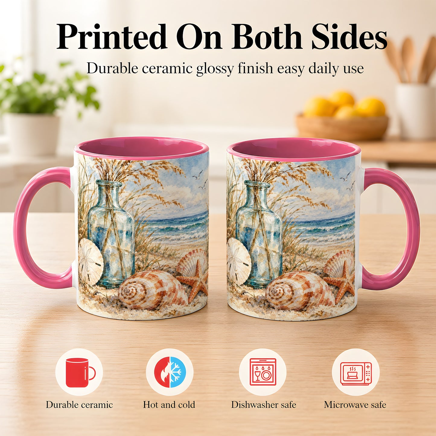 #pl[11oz|Pink] Watercolor Seashell Coffee Mug, Coastal Beach Mug, Ceramic Cup