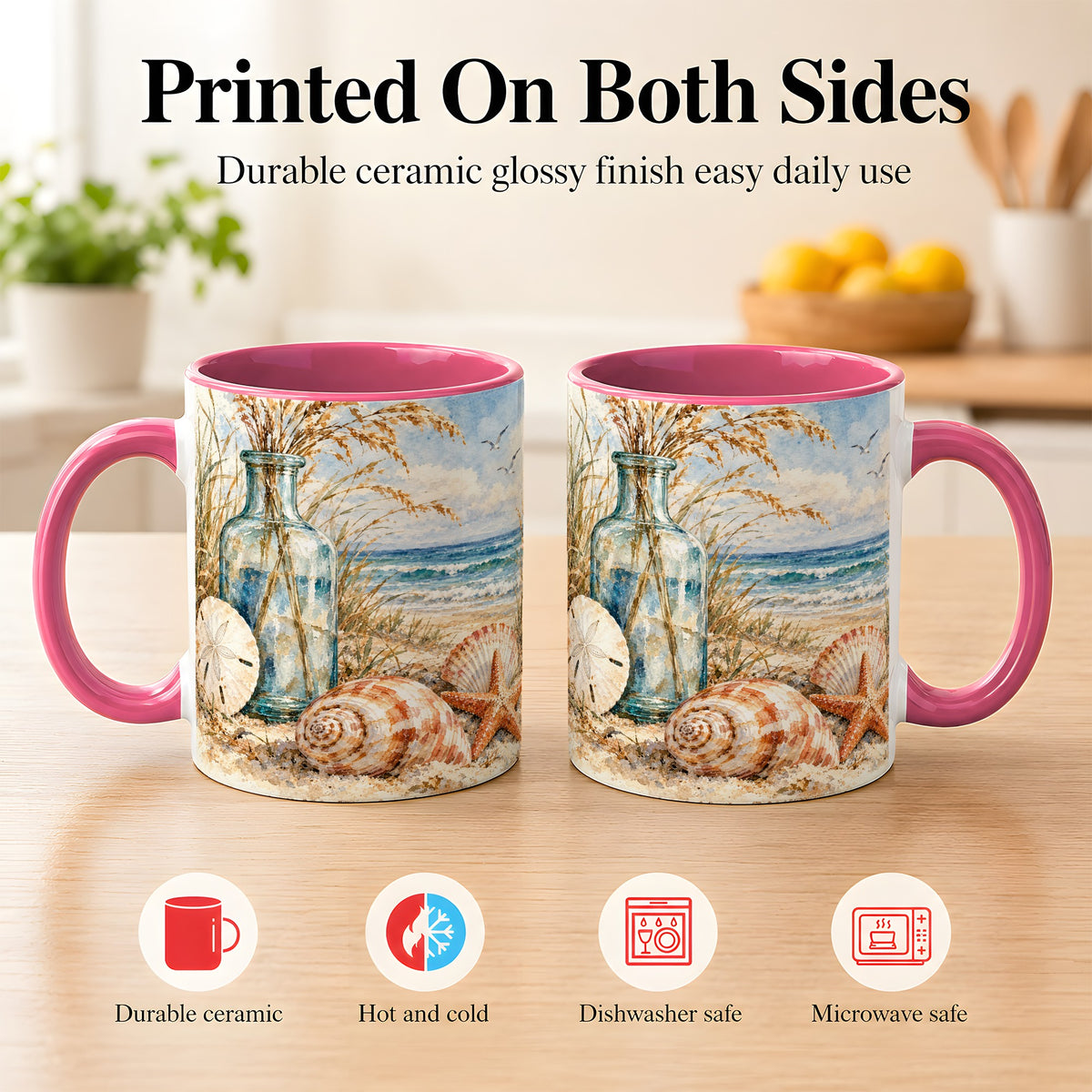 #pl[11oz|Pink] Watercolor Seashell Coffee Mug, Coastal Beach Mug, Ceramic Cup