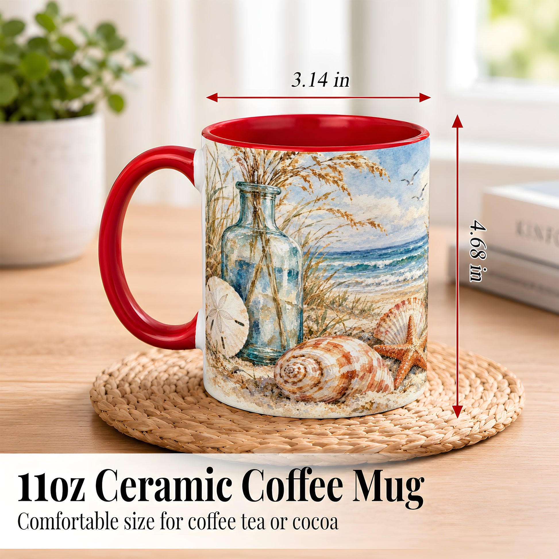#pl[11oz|Red] Watercolor Seashell Coffee Mug, Coastal Beach Mug, Ceramic Cup