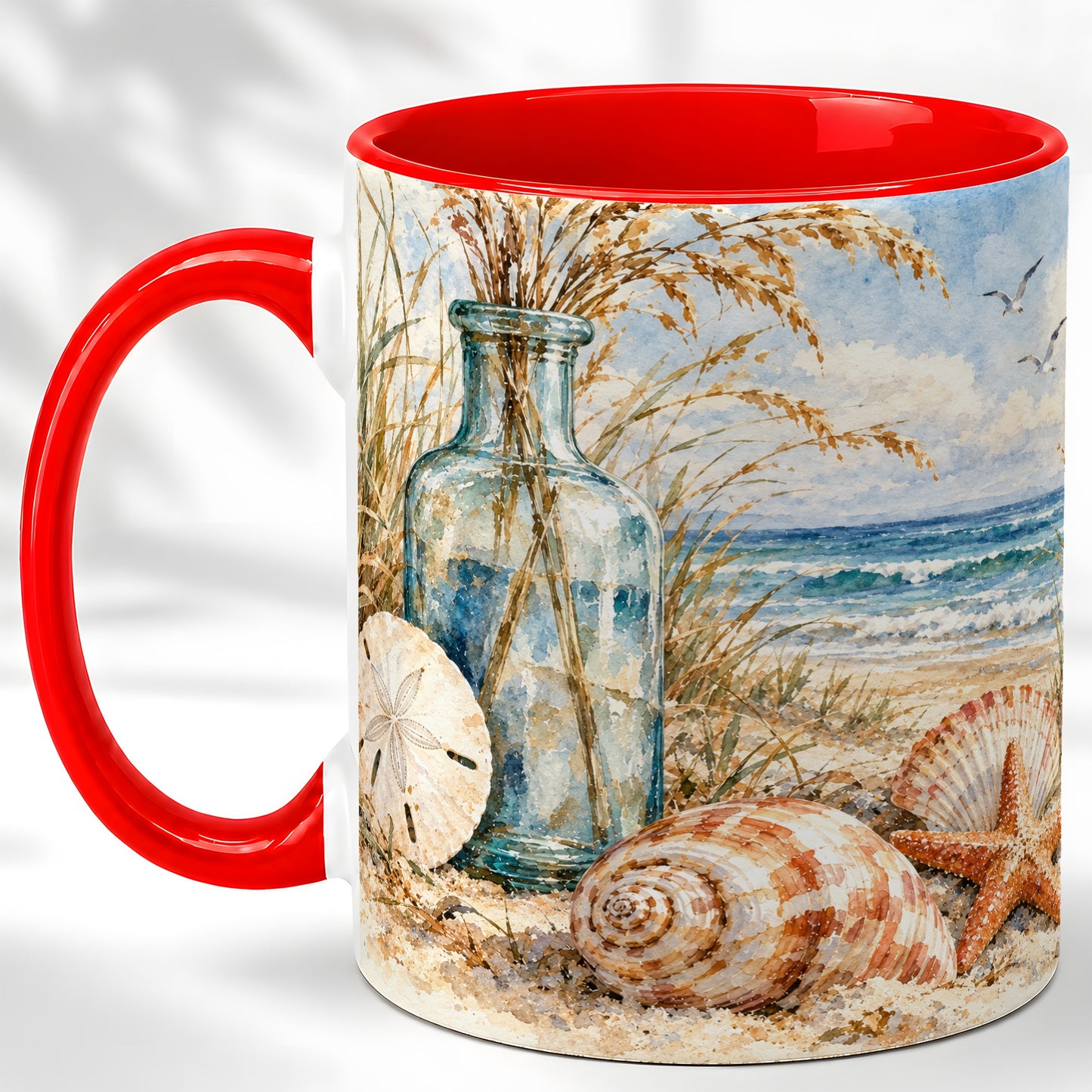 Watercolor Seashell Coffee Mug, Coastal Beach Mug, Ceramic Cup