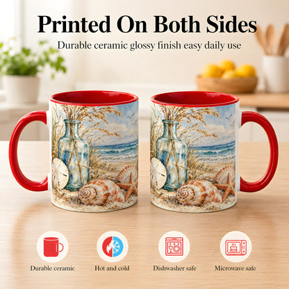 #pl[11oz|Red] Watercolor Seashell Coffee Mug, Coastal Beach Mug, Ceramic Cup
