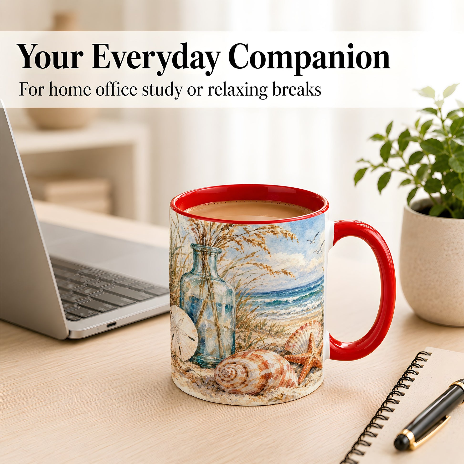 #pl[11oz|Red] Watercolor Seashell Coffee Mug, Coastal Beach Mug, Ceramic Cup