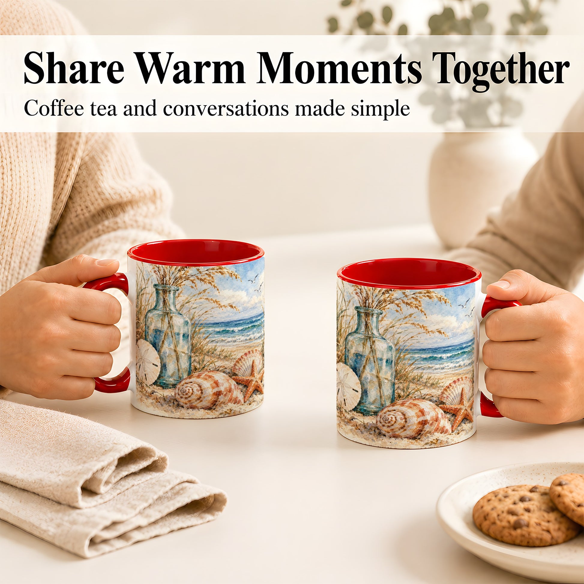 #pl[11oz|Red] Watercolor Seashell Coffee Mug, Coastal Beach Mug, Ceramic Cup