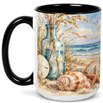 #pl[15oz|Black] Watercolor Seashell Coffee Mug, Coastal Beach Mug, Ceramic Cup