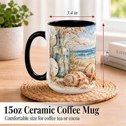 #pl[15oz|Black] Watercolor Seashell Coffee Mug, Coastal Beach Mug, Ceramic Cup