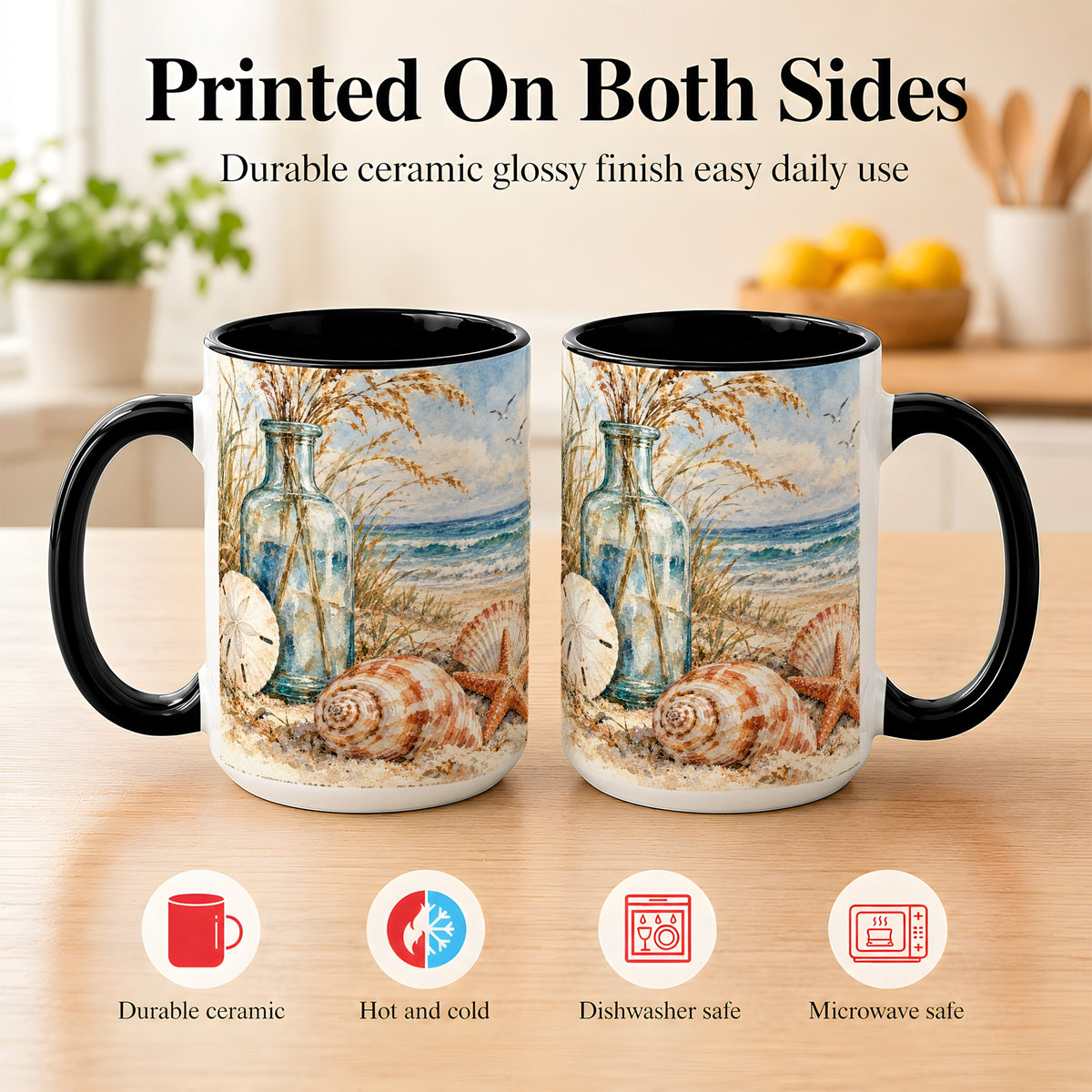 #pl[15oz|Black] Watercolor Seashell Coffee Mug, Coastal Beach Mug, Ceramic Cup