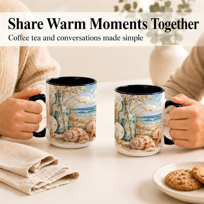 #pl[15oz|Black] Watercolor Seashell Coffee Mug, Coastal Beach Mug, Ceramic Cup