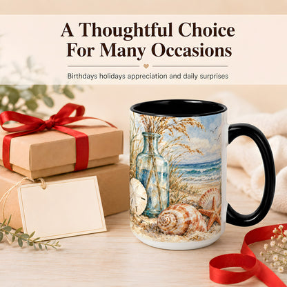 #pl[15oz|Black] Watercolor Seashell Coffee Mug, Coastal Beach Mug, Ceramic Cup