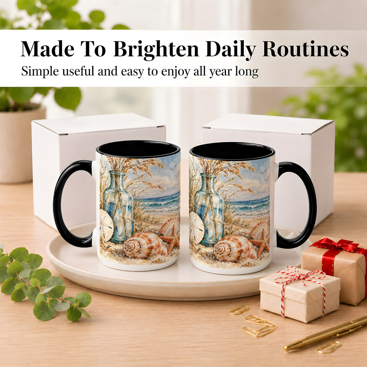 #pl[15oz|Black] Watercolor Seashell Coffee Mug, Coastal Beach Mug, Ceramic Cup