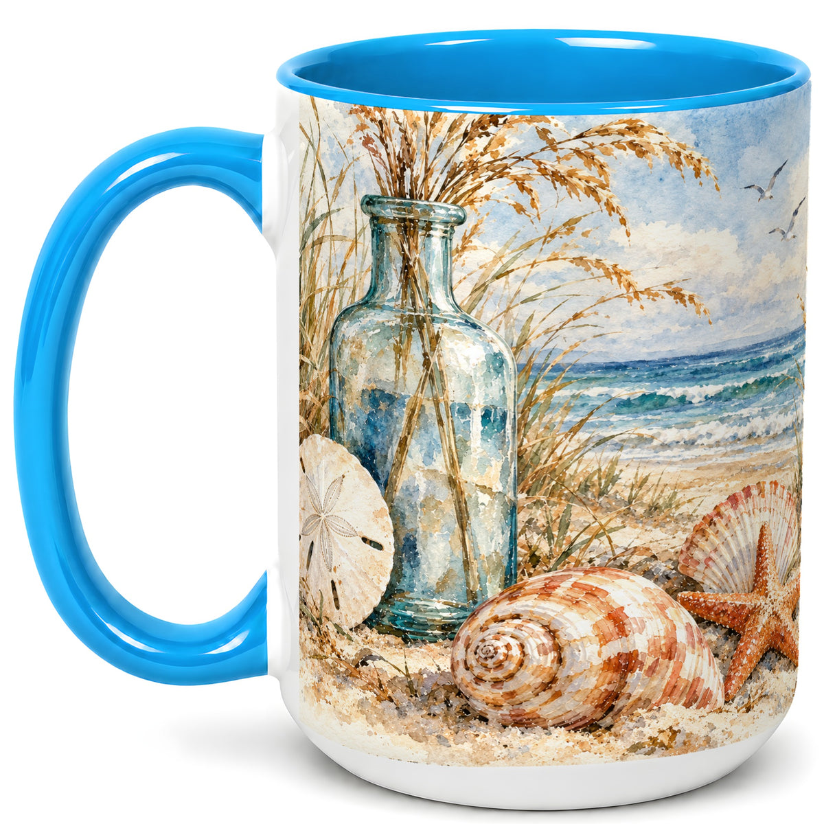 #pl[15oz|Blue] Watercolor Seashell Coffee Mug, Coastal Beach Mug, Ceramic Cup