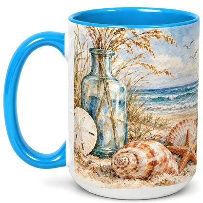 #pl[15oz|Blue] Watercolor Seashell Coffee Mug, Coastal Beach Mug, Ceramic Cup