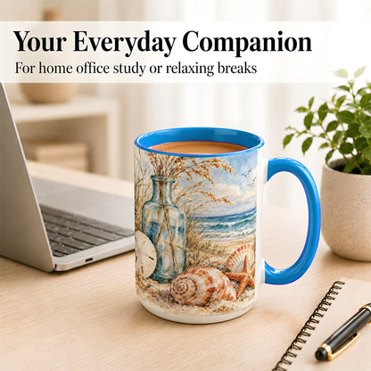 #pl[15oz|Blue] Watercolor Seashell Coffee Mug, Coastal Beach Mug, Ceramic Cup