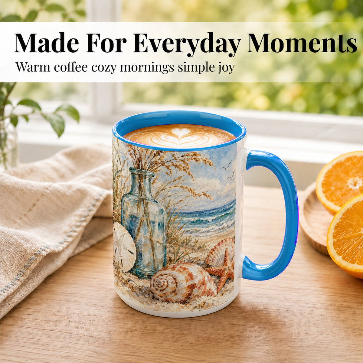 #pl[15oz|Blue] Watercolor Seashell Coffee Mug, Coastal Beach Mug, Ceramic Cup