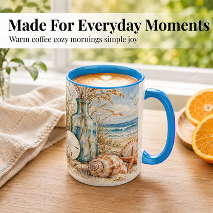 #pl[15oz|Blue] Watercolor Seashell Coffee Mug, Coastal Beach Mug, Ceramic Cup