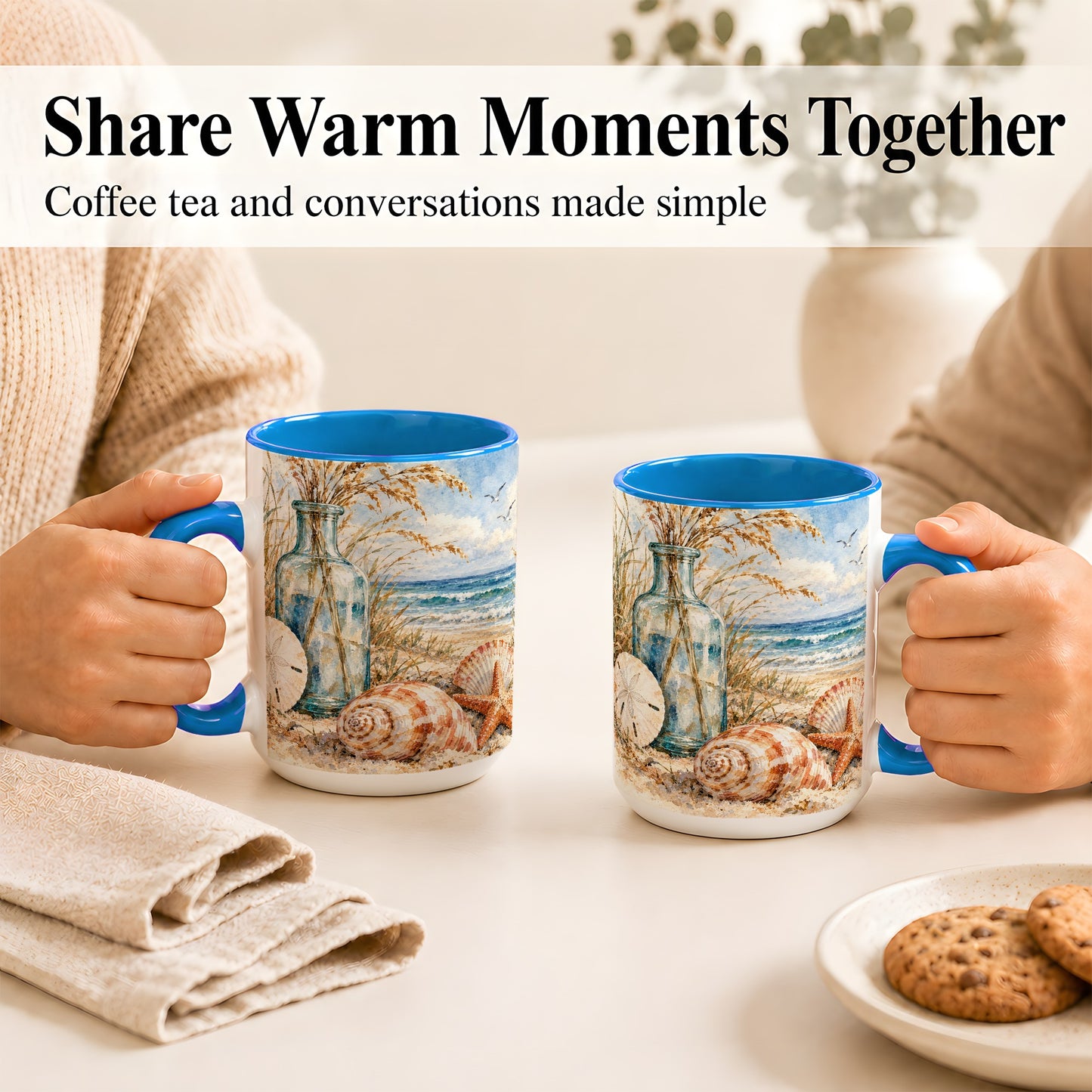 #pl[15oz|Blue] Watercolor Seashell Coffee Mug, Coastal Beach Mug, Ceramic Cup