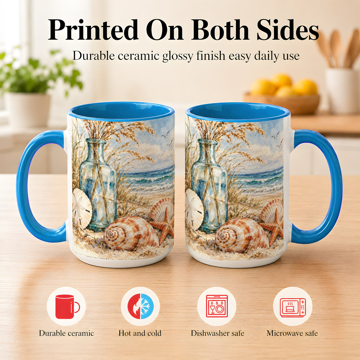 #pl[15oz|Blue] Watercolor Seashell Coffee Mug, Coastal Beach Mug, Ceramic Cup