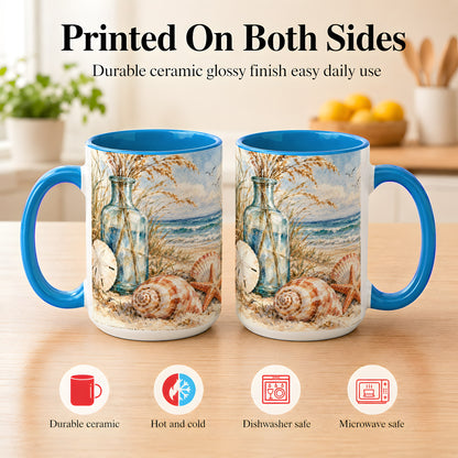 #pl[15oz|Blue] Watercolor Seashell Coffee Mug, Coastal Beach Mug, Ceramic Cup