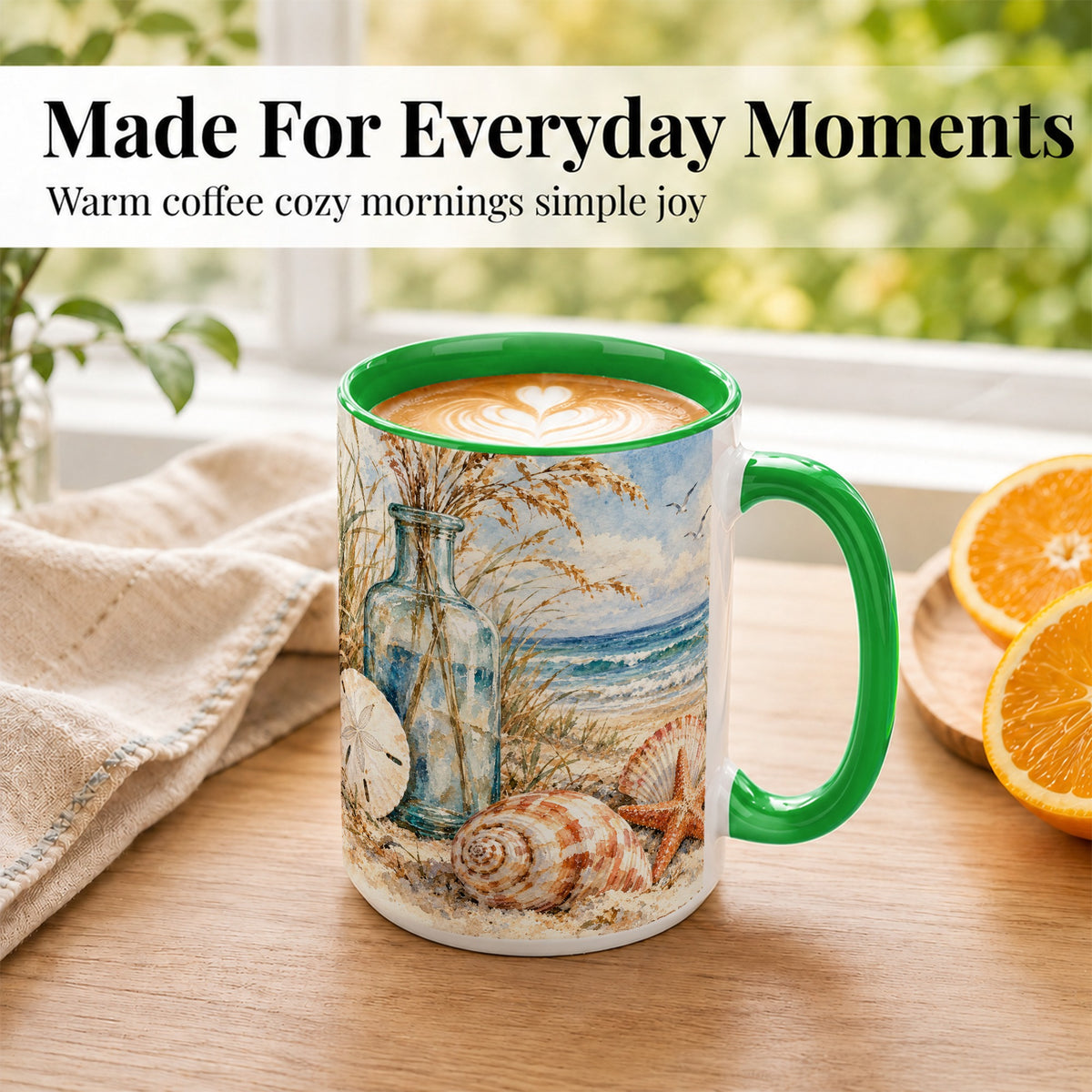 #pl[15oz|Green] Watercolor Seashell Coffee Mug, Coastal Beach Mug, Ceramic Cup