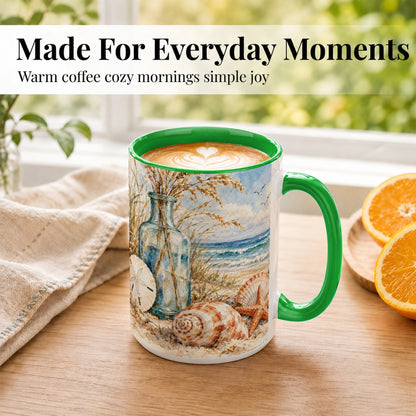 #pl[15oz|Green] Watercolor Seashell Coffee Mug, Coastal Beach Mug, Ceramic Cup