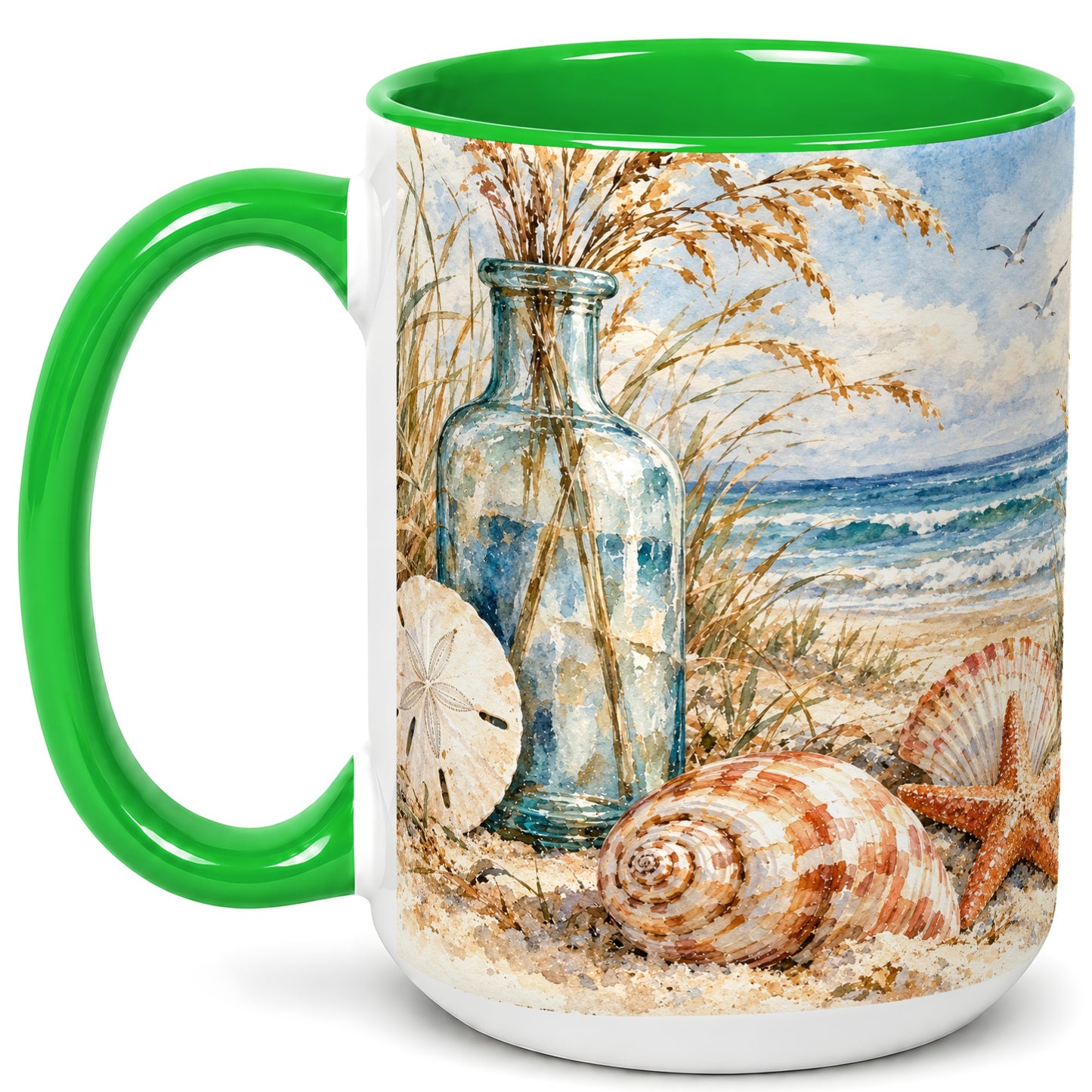 #pl[15oz|Green] Watercolor Seashell Coffee Mug, Coastal Beach Mug, Ceramic Cup