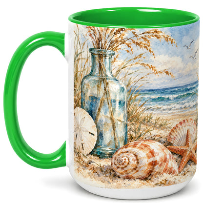 #pl[15oz|Green] Watercolor Seashell Coffee Mug, Coastal Beach Mug, Ceramic Cup
