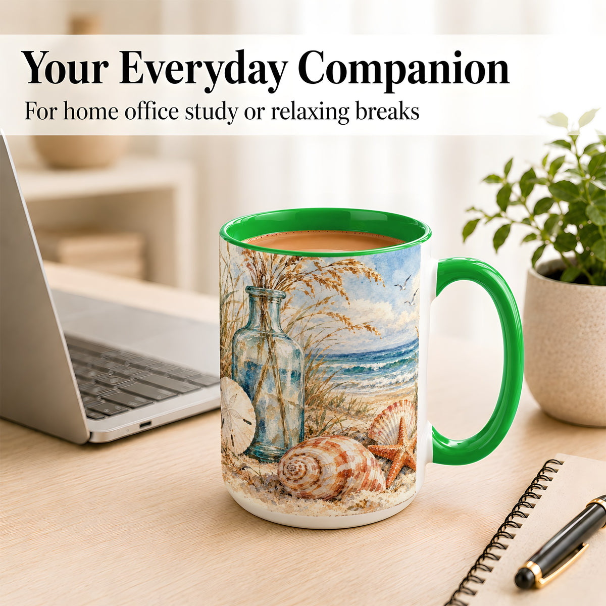 #pl[15oz|Green] Watercolor Seashell Coffee Mug, Coastal Beach Mug, Ceramic Cup